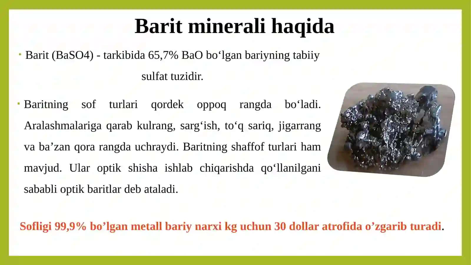 Baritning xususiyatlari va qo‘llanilishi 2