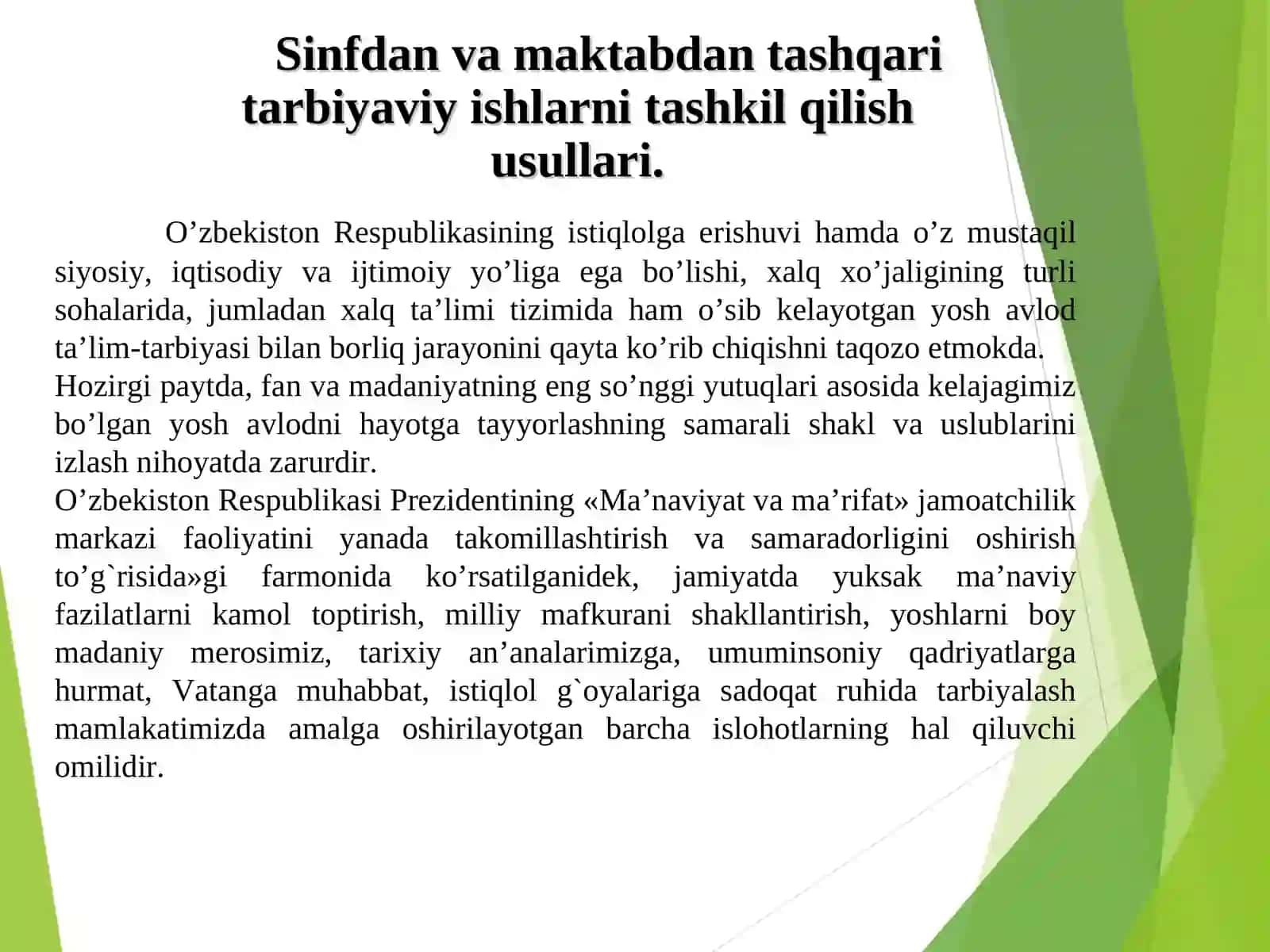 Tarbiyaviy ishlarni maqsadi, vazifalari va tarbiyaviy ishlarni tashkil etishda sinf rahbarining o’rni 2