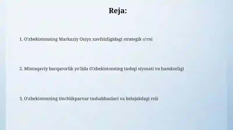 O'zbekistonning Markaziy Osiyoda tinchlik va barqarorlikni ta'minlashdagi oʻrni 2
