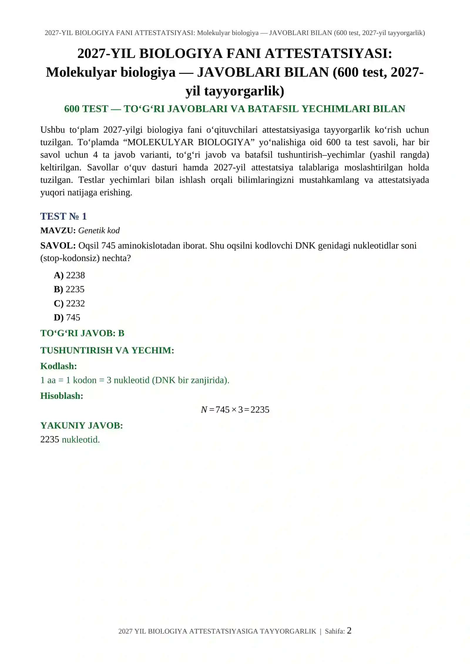 2027-YIL BIOLOGIYA FANI ATTESTATSIYASI: Molekulyar biologiya — JAVOBLARI BILAN (600 test, 2027-yil tayyorgarlik) 2
