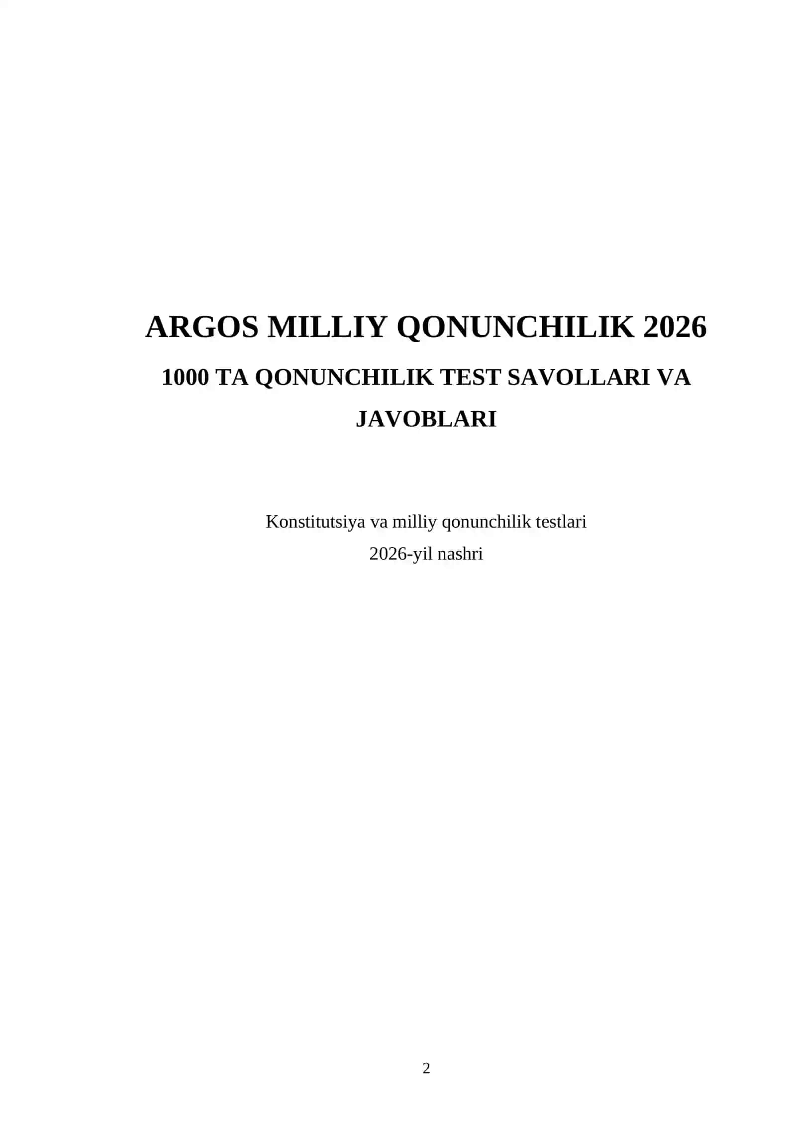 ARGOS MILLIY QONUNCHILIK 2026 1000 TA QONUNCHILIK TEST SAVOLLARI VA JAVOBLARI 2
