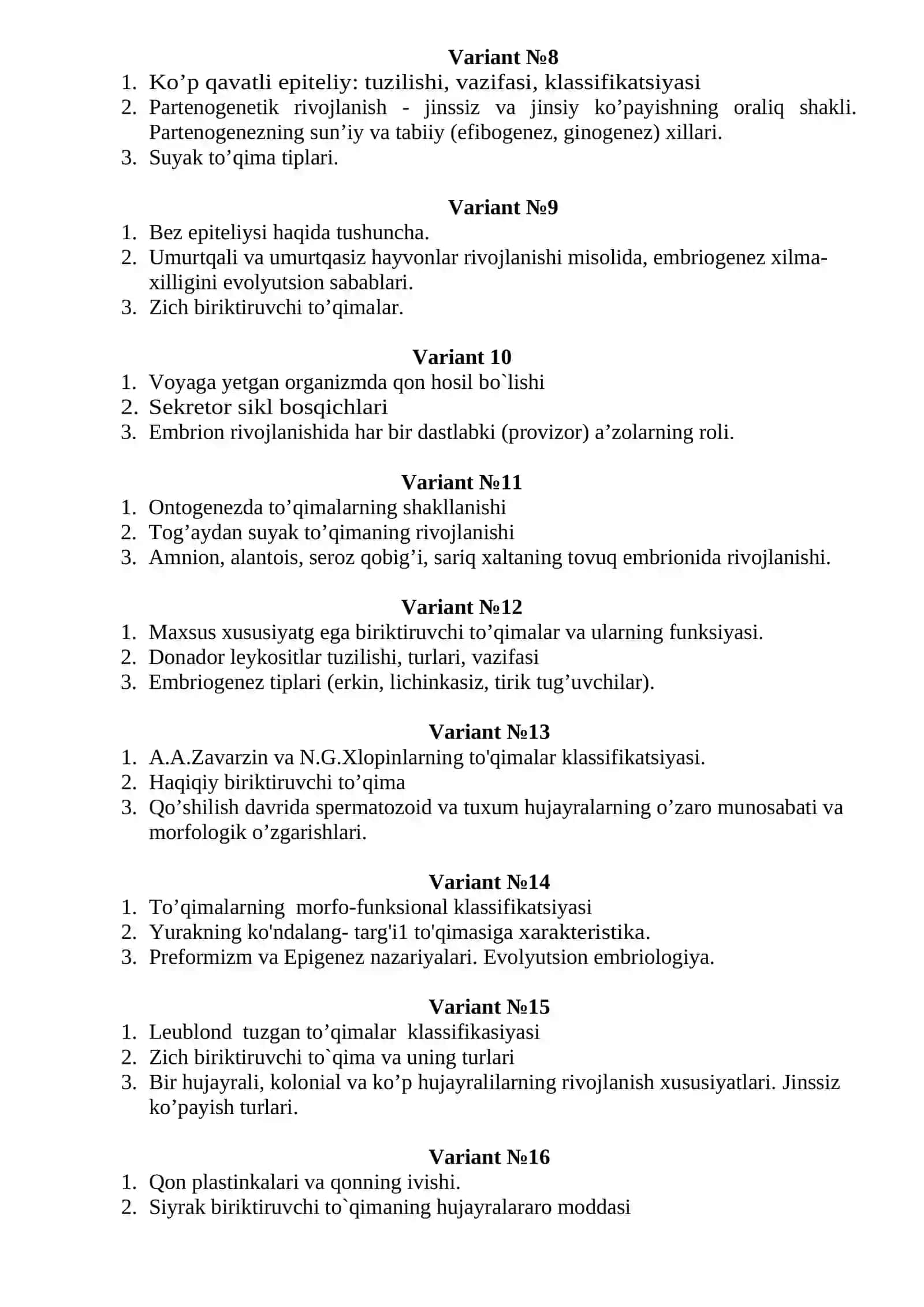 Gistologiya va embriologiya fanidan oraliq nazorat savollari 2