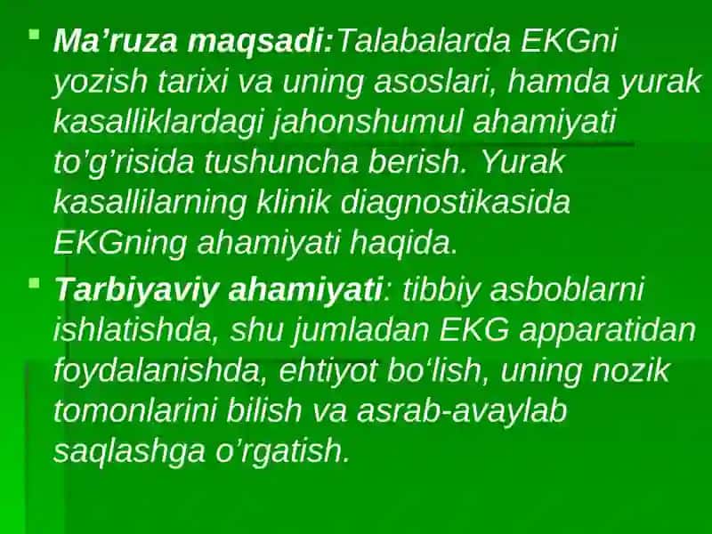 Elektrokardiografiya (EKG).  EKG o’zgarishlari. Yurak bo’lmachalari, qorinchalari  gipertrofiyasi. O’tkir miokard infarktidagi EKG ko’rinishi. Aritmiyalarning klinik va EKG diagnostikasi. Defibrillyatsiya to`g`risida tushuncha 2