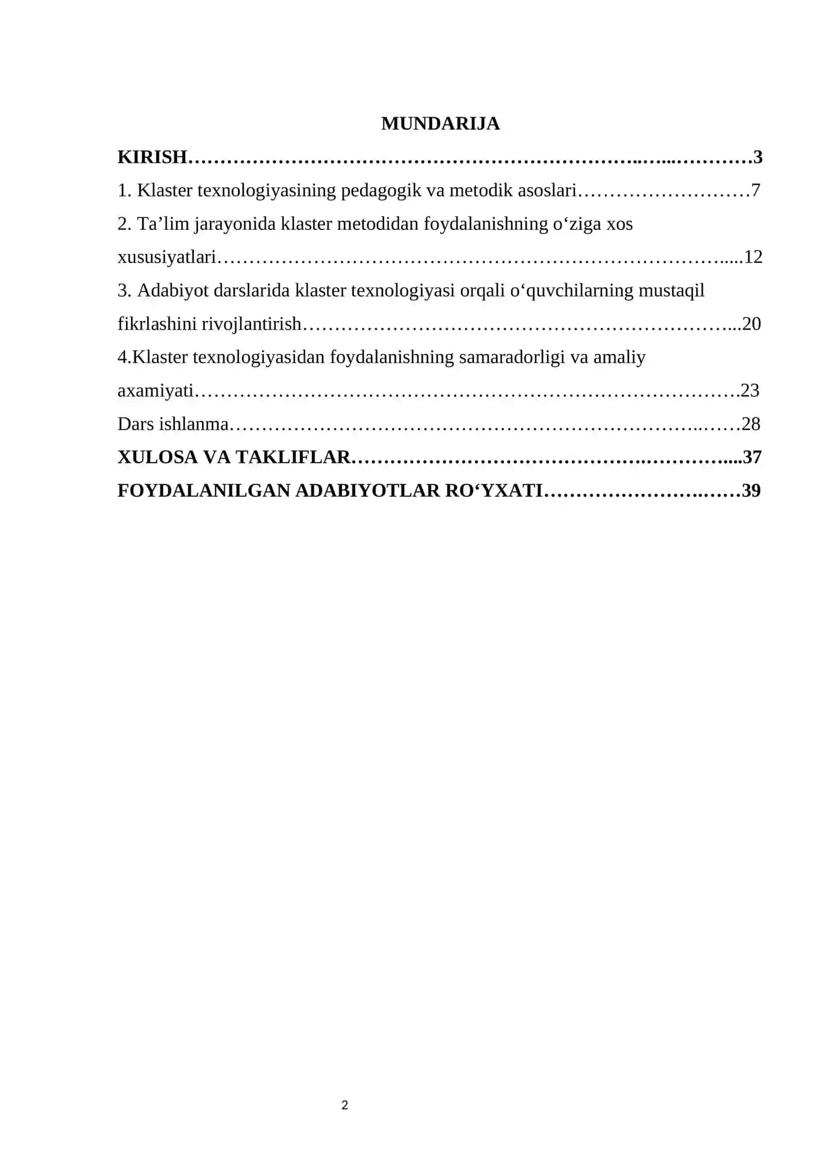 Dars jarayonida klaster texnologiyasidan foydalanish KURS ISHI 2