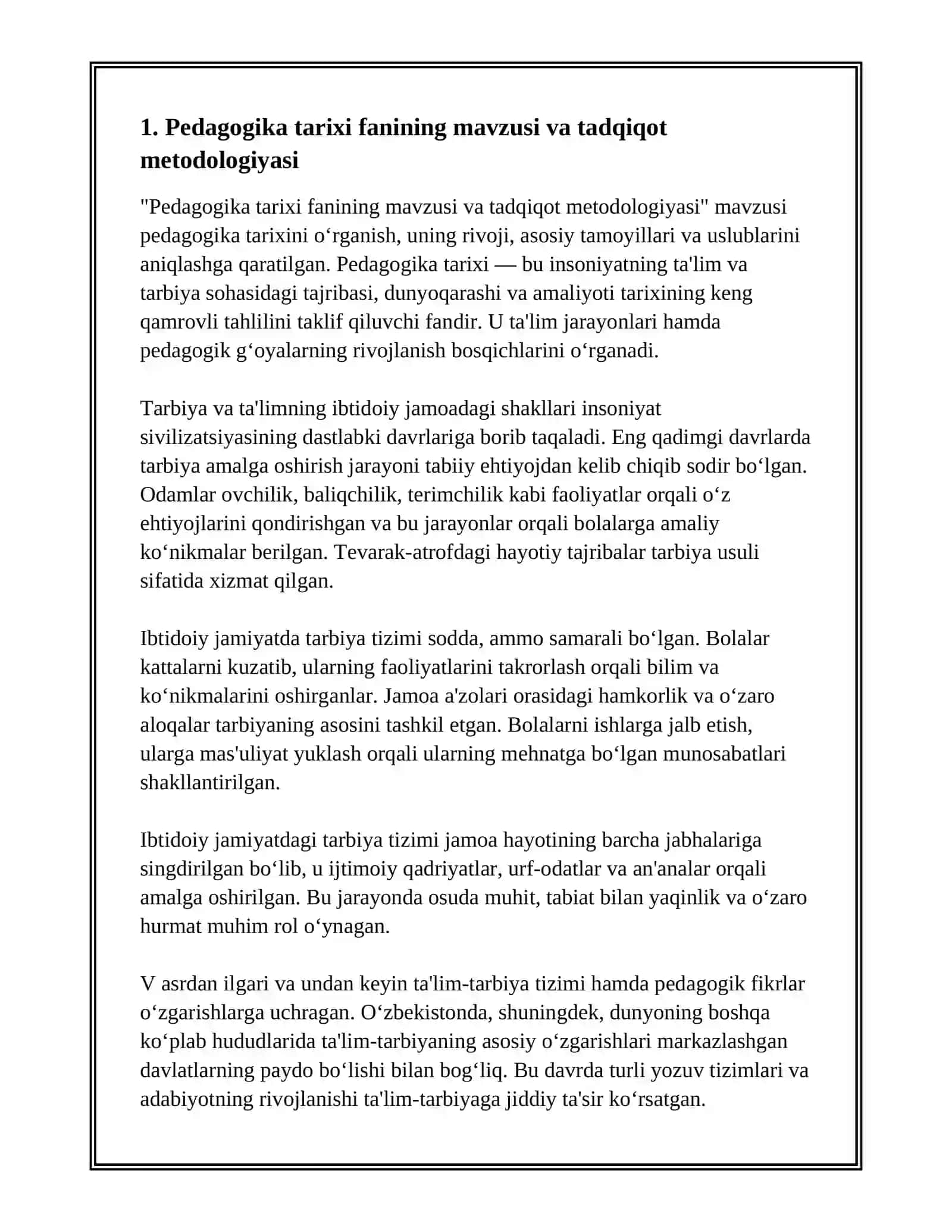 PEDAGOGIKA TARIXI FAN SIFATIDA.IBTIDOIY JAMOADA TARBIYA.ENG QADIMGI DAVRLARDAN VLL ASRGACHA TAʼLIM-TARBIYA VA PEDAGOGIK FIKRLAR 2