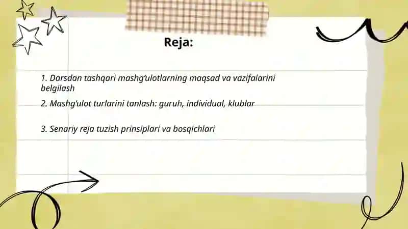 Darsdan tashqari mashg‘ulotlarni o‘tkazish senariylari bilan tanishish 2