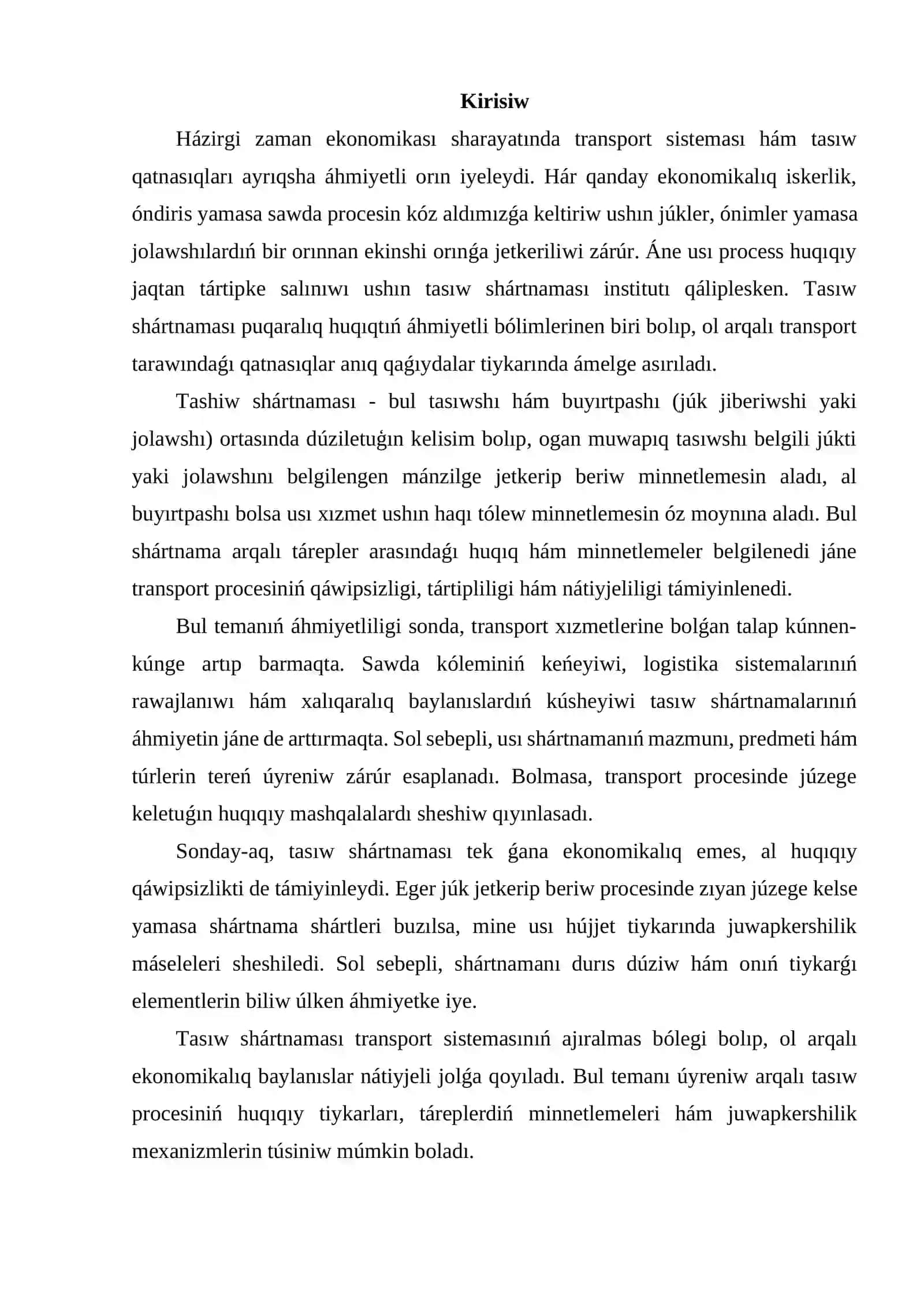 Tasıw shártnaması túsinigi, predmeti hám túrleri 2