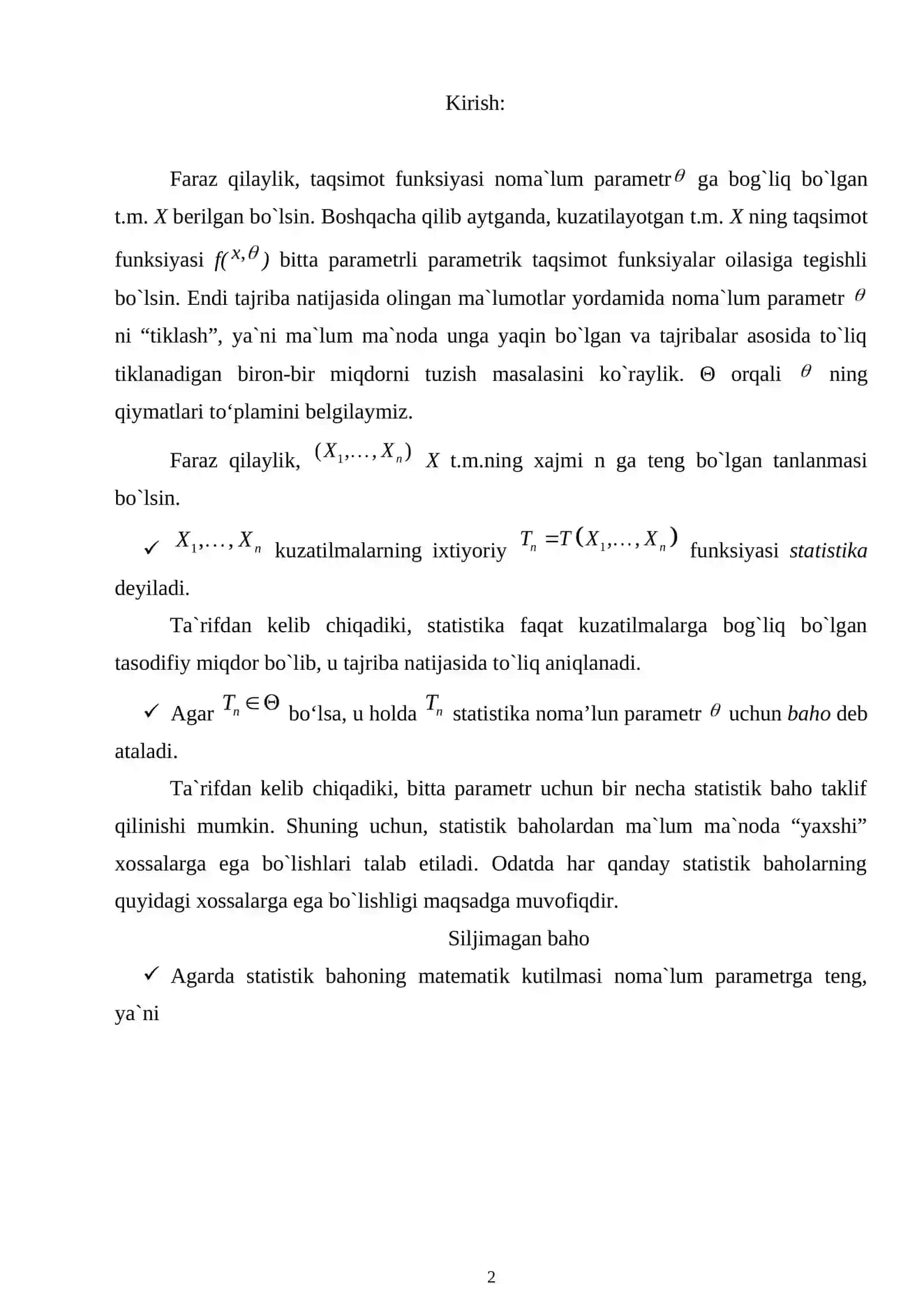 Haqiqatga eng yaqin baholash usulining xossalari 2