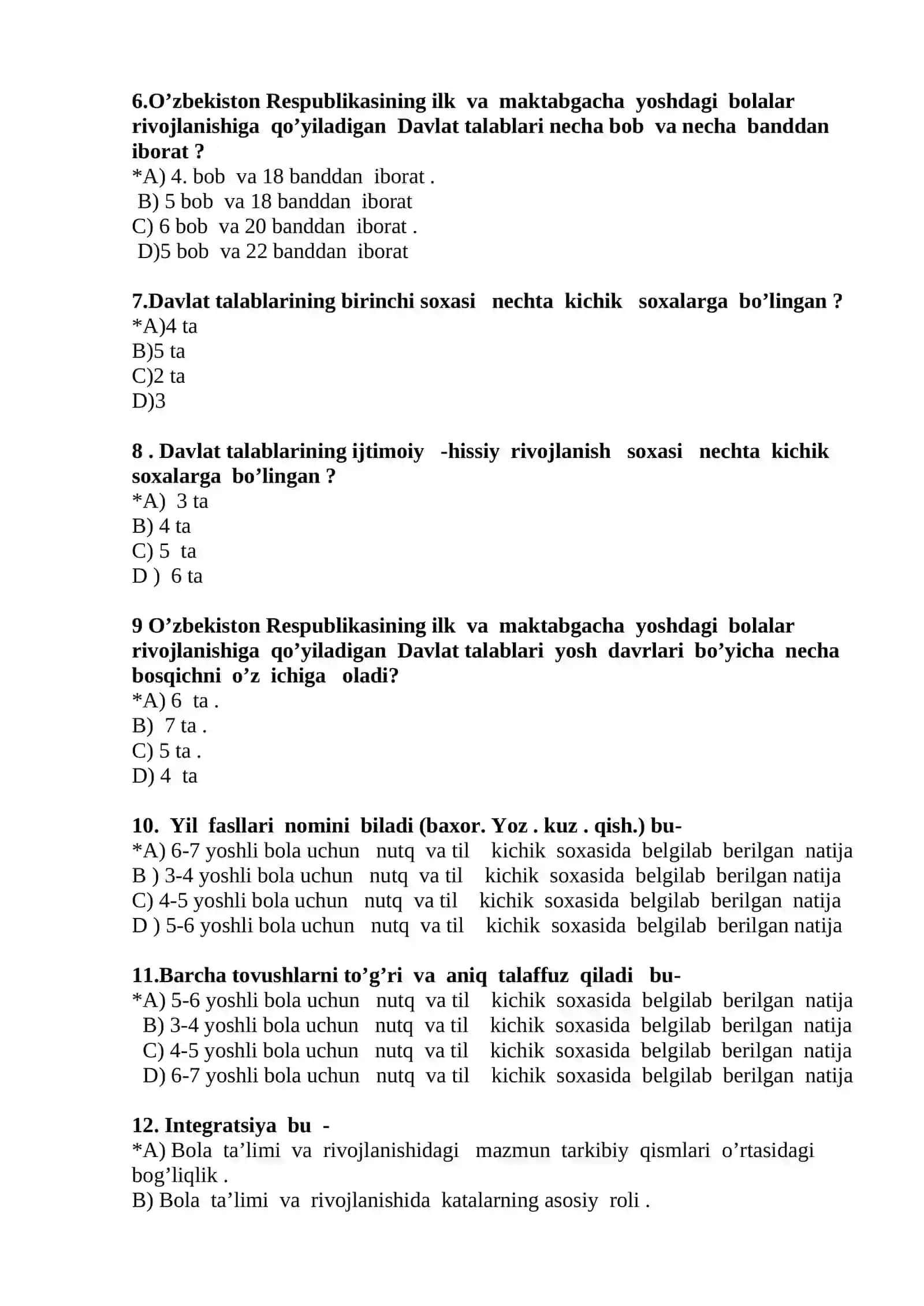 Maktabgacha ta’limda zamonaviy yondoshuvlar moduli bo’yicha testlar to’plami 2