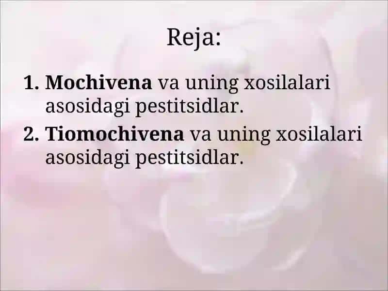 Karbamin kislota, tio- va ditiokarbamin kislota, mochivena va tiomochivena hosilalari asosidagi pestitsidlar. 2