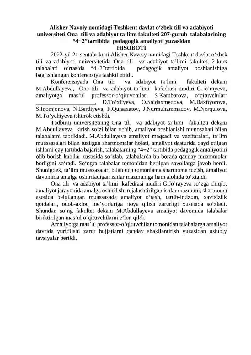 Toshkent davlat o‘zbek tili va adabiyoti universiteti Ona tili va adabiyot ta’limi fakulteti 207-GURUH TALABALARINING “4+2”TARTIBIDA PEDAGOGIK AMALIYOTI YUZASIDAN HISOBOTI 2