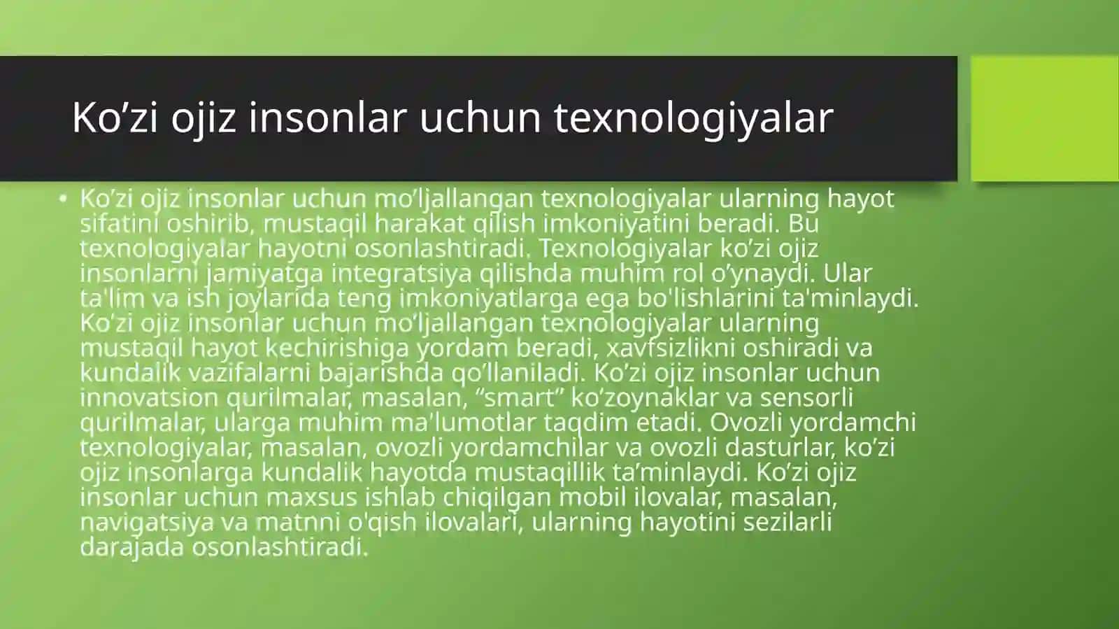 Ko’zi ojiz insonlar foydalanadigan texnik vositalarining turlari xususiyatlari va ularga qo’yilgan talablar 2