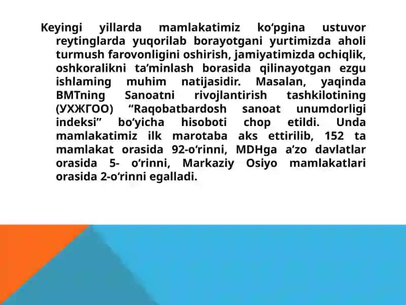 Xalqaro reyting va indekslarda O‘zbekiston pozitsiyasi 2