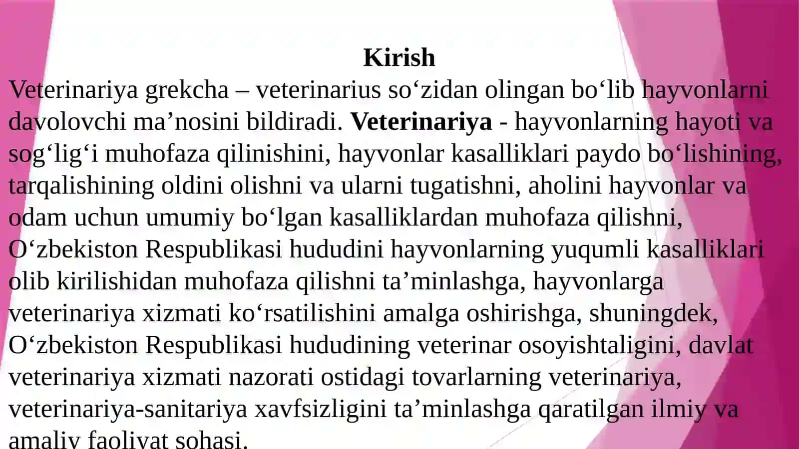 1-MA’RUZA:“VETERINARIYA ASOSLARI” FANI VA UNING RIVOJLANISH TARIXI. PATOLOGIYA ASOSLARI.YURAK QON TOMIR TIZIMINING KASALLIKLARI. NAFAS OLISHTIZIMININGKASALLIKLARI 2