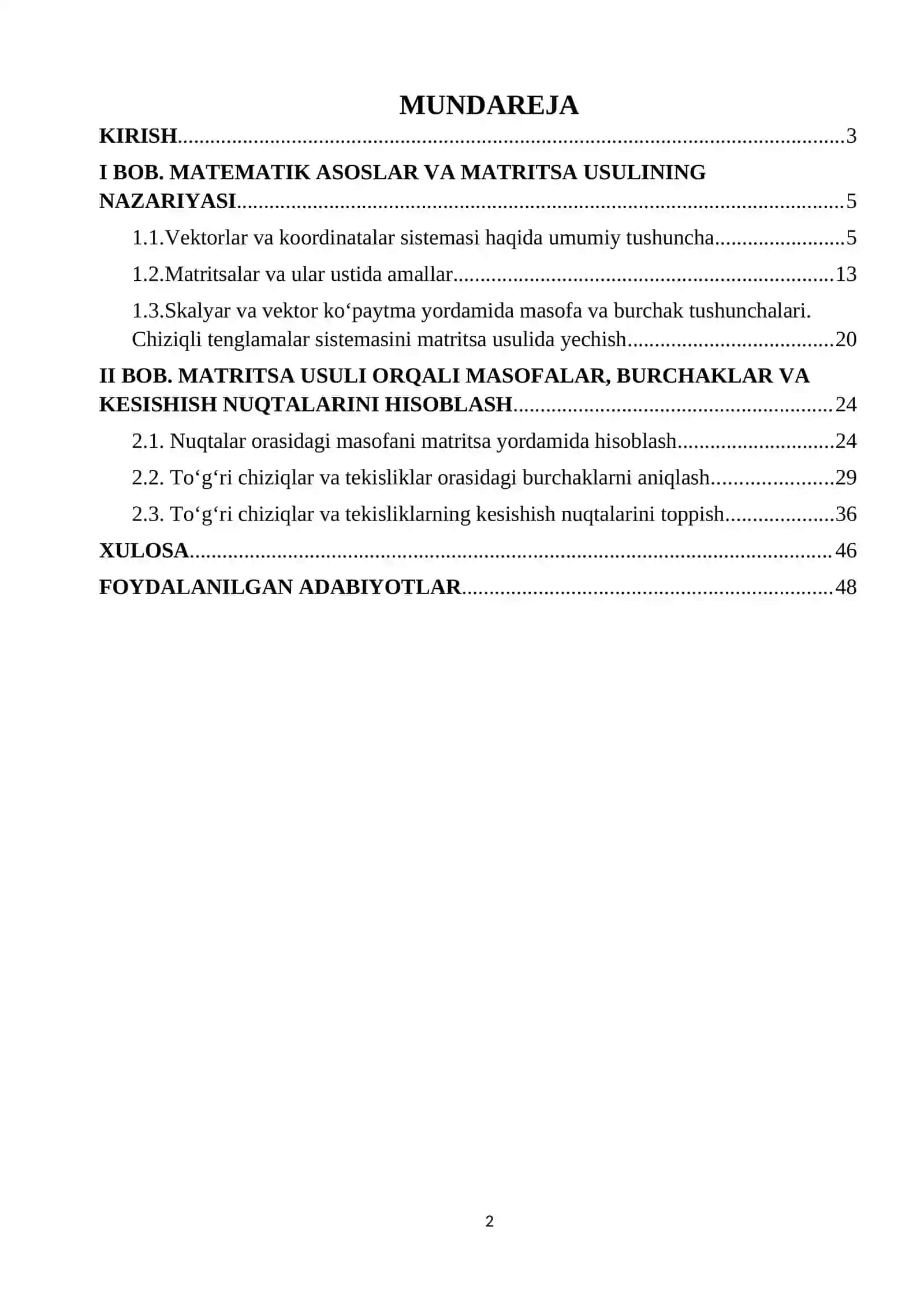Masofalar, burchaklar, kesishish nuqtalarini matritsa usuli orqali hisoblash 2