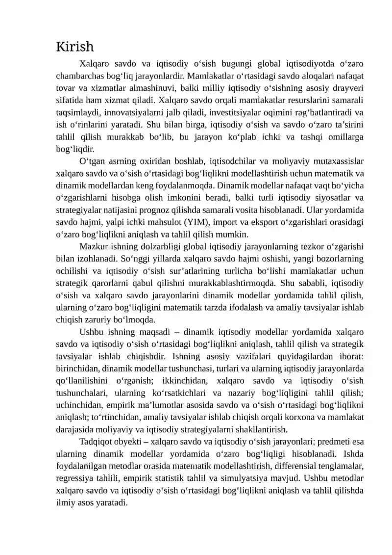 Dinamik modellarida xalqaro savdo va o’sishning bog’liqligi 2
