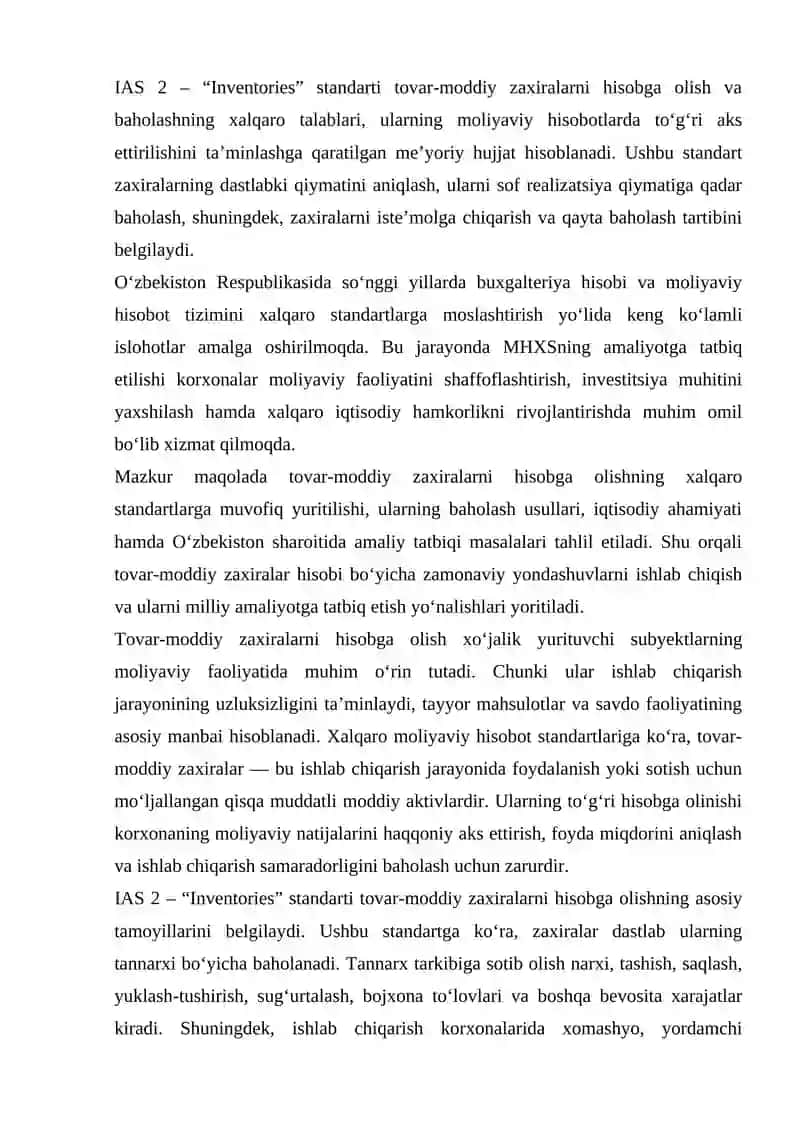 MOLIYAVIY HISOBOTLAR XALQARO STANDARTLARI TALABLARIGA MUVOFIQ TOVAR MODDIY ZAXIRALARINI HISOBGA OLISH 2