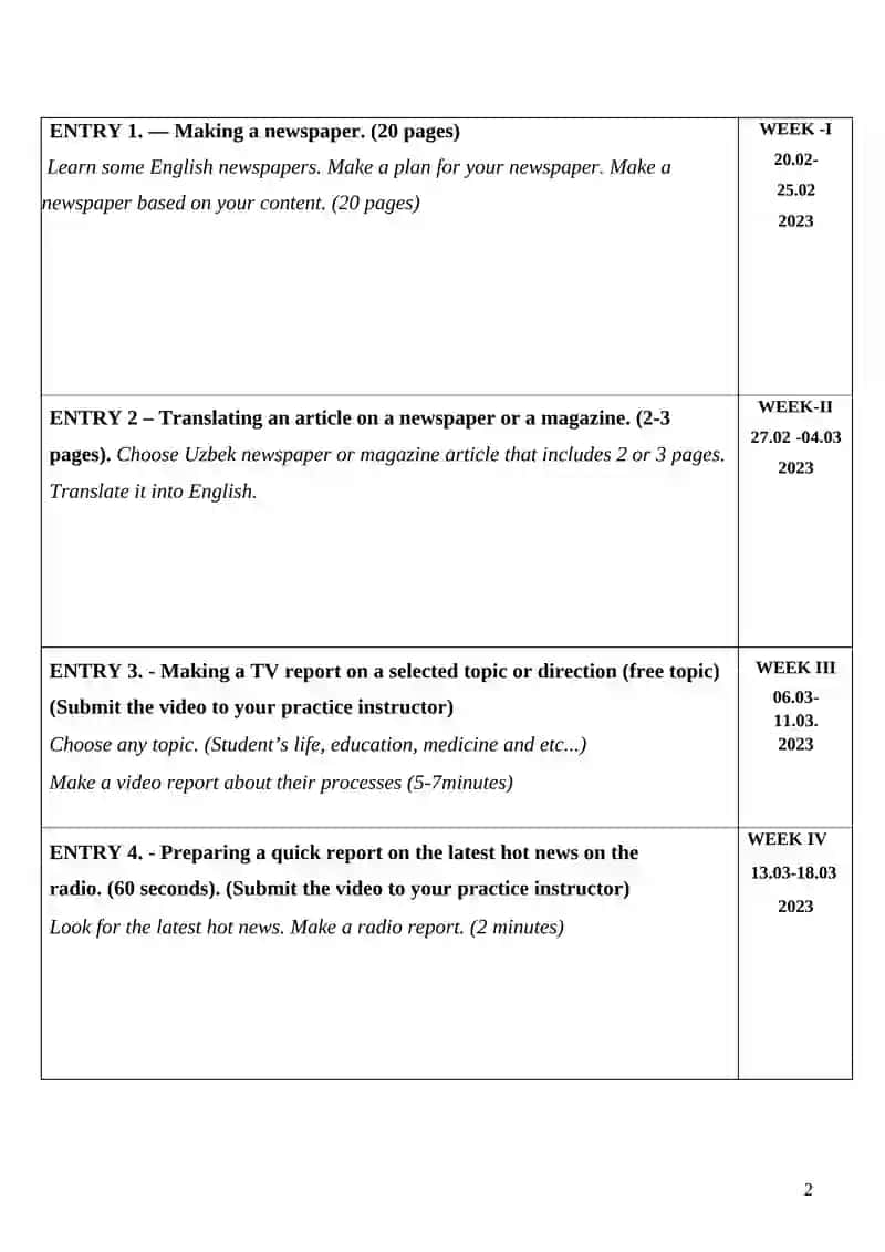 PRACTICE DIARY ON MASS MEDIA 2