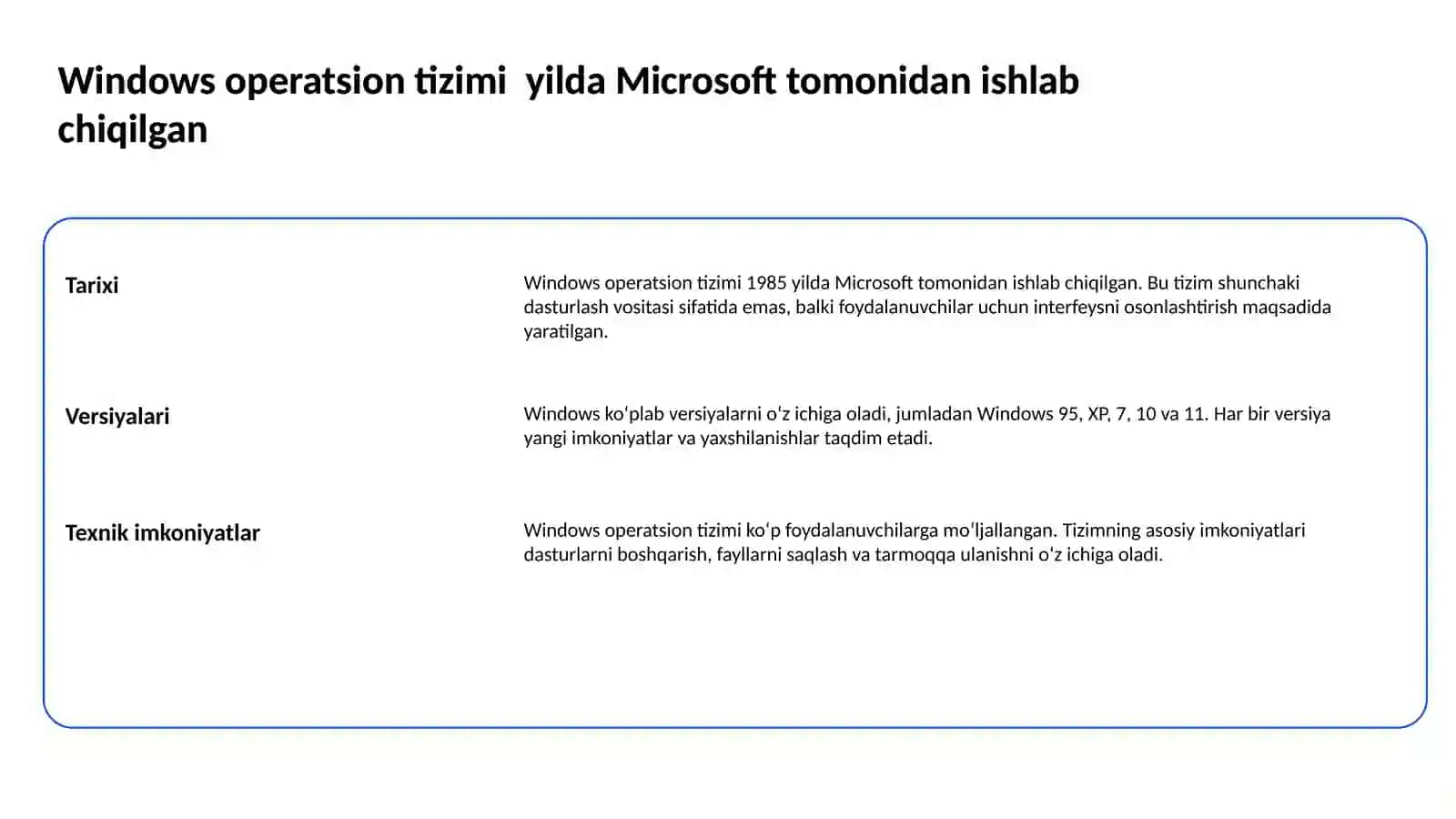 Windows operatsion tizimi tarixi va unda ishlash asoslari 2