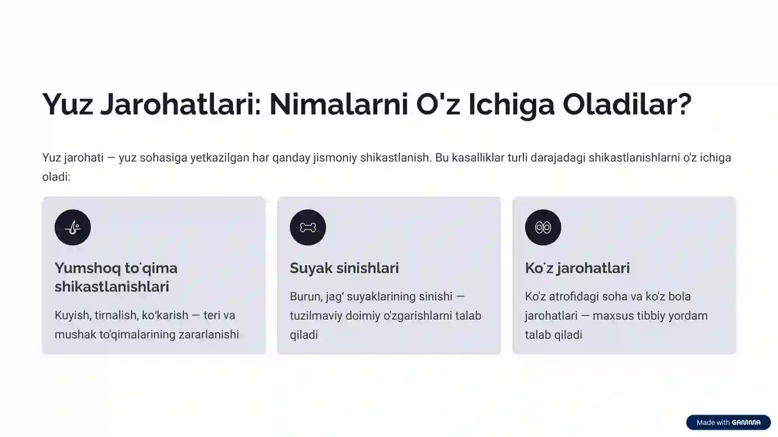 Yuz-Jagʻ Sohasidagi Jarohatlar: Birinchi Yordam va Zamonaviy Davolash 2