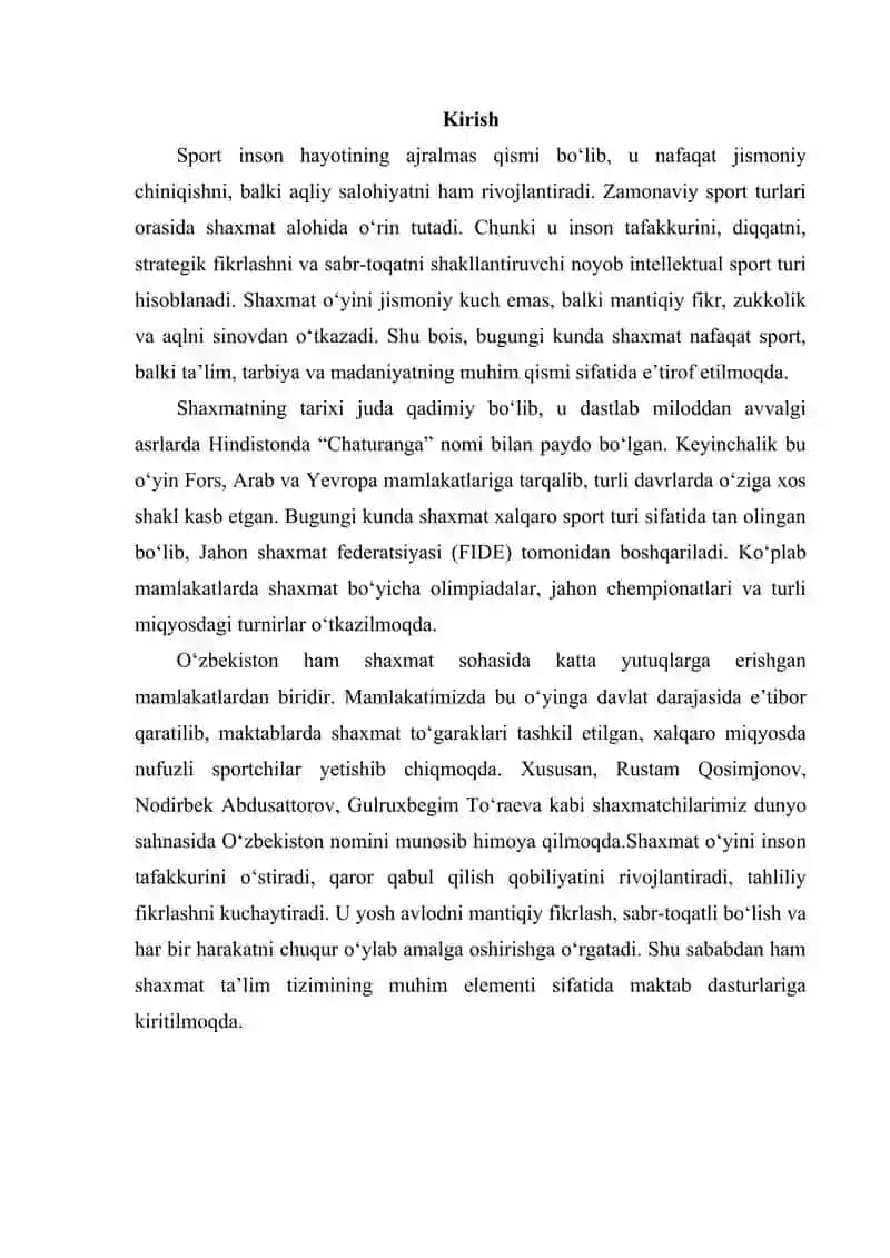 Shaxmat — aql va strategiya o‘yini                    SHAXMAT REFERAT 2