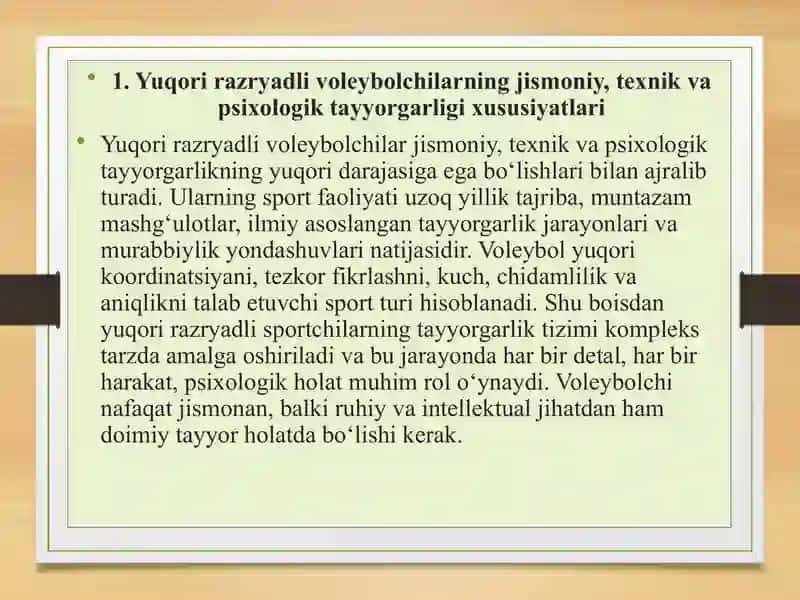 Yuqori razryadli voleybolchilar bilan mashg‘ulot o‘tkazish uslubiyati 2