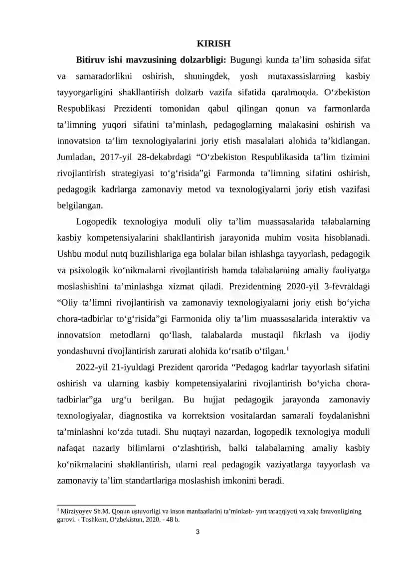 ““LOGOPEDIK TEXNOLOGIYA” MODULINI O‘QITISHDA TALABALARNING KASBIY KOMPENTENSIYALARINI SHAKLLANTIRISH METODIKASI 2