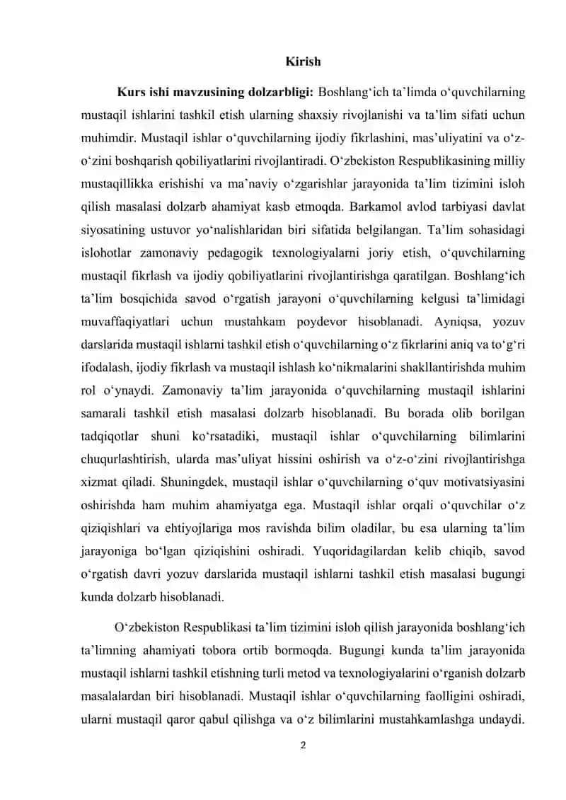 Savod o‘rgatish davri yozuv darslarida mustaqil ishlarni tashkil etish 2