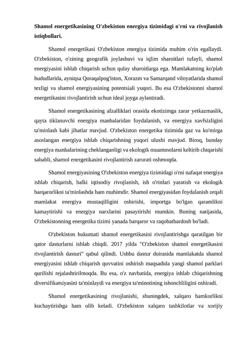 Shamol energetikaisning O'zbekiston energio tizimidagi ahamiyati. 2