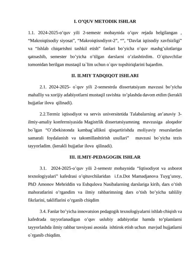 2024-2025 O'quv Yili 2-Semestr Shaxsiy Ish Reja Bajilishi 2