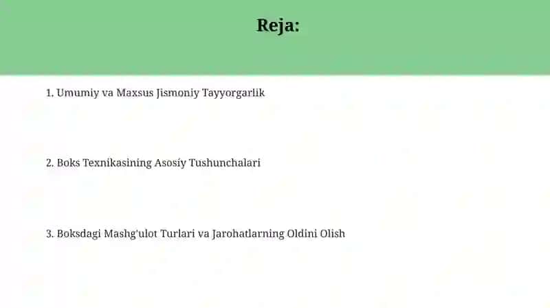 Umumiy va maxsus jismoniy tayyorgarlik mashgalari Boks texnikasini umumiy tushuntirish 2