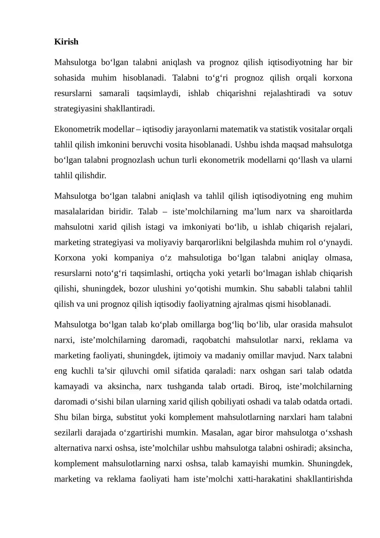 MAHSULOTGA BO‘LGAN TALABNING EKONOMETRIK MODELLARINI TUZISH 2
