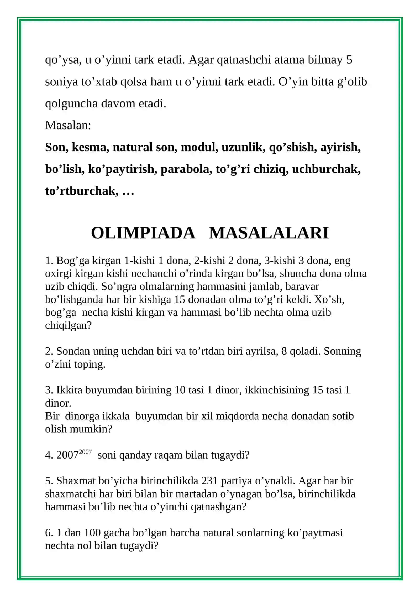 MATEMATIK O’YINLAR 2