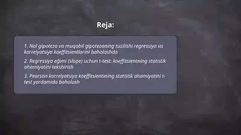 Regressiya koeffitsientining va korrelyatsiya koeffitsientining statestik ahamiyatini baholash 2