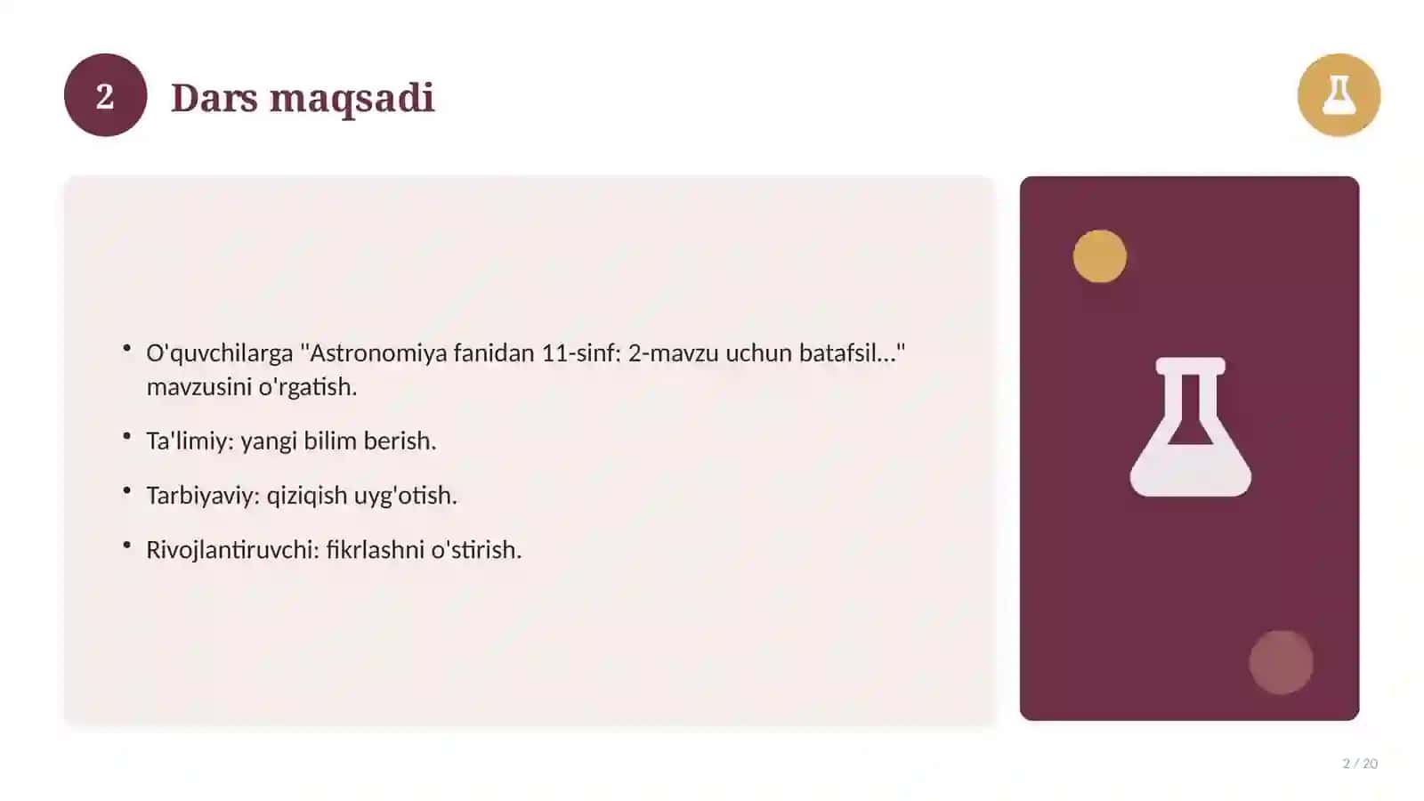 Astronomiya fanidan 11-sinf: 2-mavzu uchun batafsil dars ishlanmasi 2
