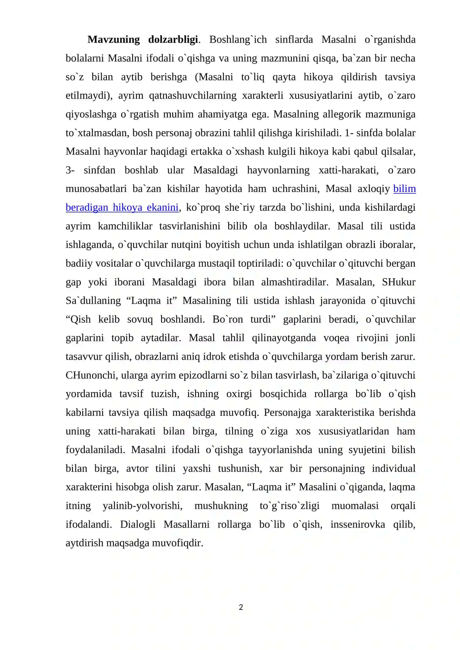 O`QISH DARSLARIDA MASAL O`TISH USLUBIYATI (3-SINF) 2