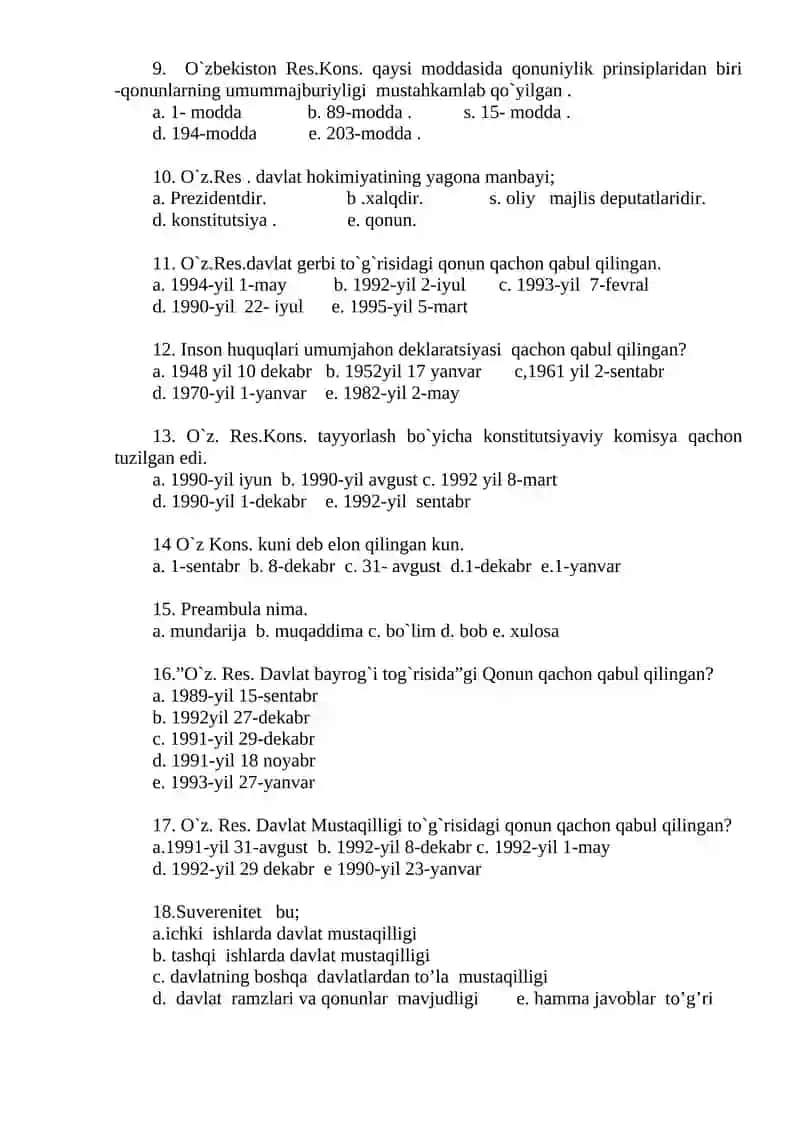 9-sinf uchun huquq fanidan test savollari 2
