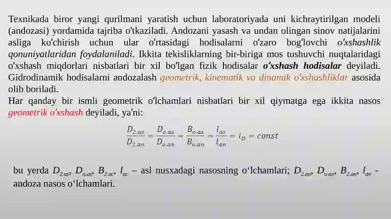 Nasoslarning o‘xshashlik qonuniyatlari va ularni andozlash 2