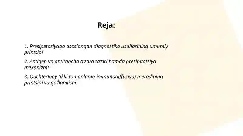 Presipetasiyaga asoslangan diagnostika usullari va ularni ishlash Prinsipini o‘rganish 2