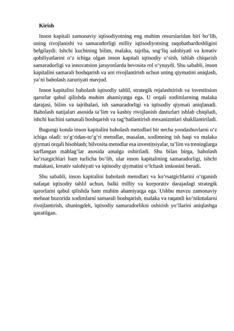 INSON KAPITALINI BAXOLASH METODLARI VA KO’RSATGICHLARI 2