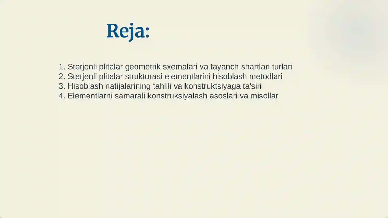 GEOMETRIK SXEMALARI VA TAYANCH SGARTLARI TURLICHA BOʻLGAN STERJENLI PLITALAR (STRUKTURA)NI HISOBLASH. NATIJALARNI TAHLIL QILISH, ELEMENTLARNI KONSTRUKSIYALASH 2