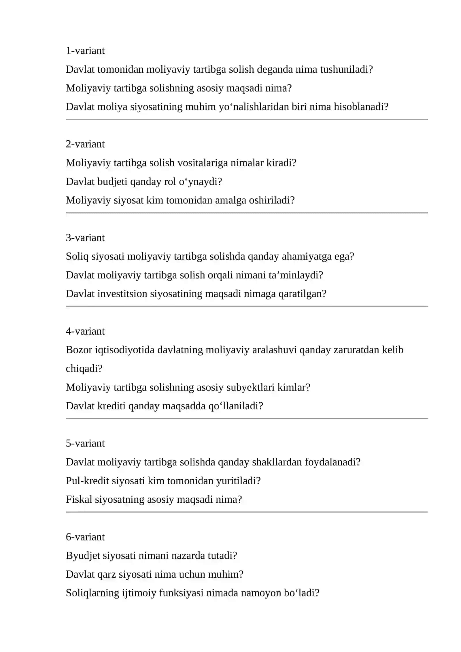 MAVZU: Iqtisodiyotni davlat tomonidan moliyaviy tartibga solish masalalari 2