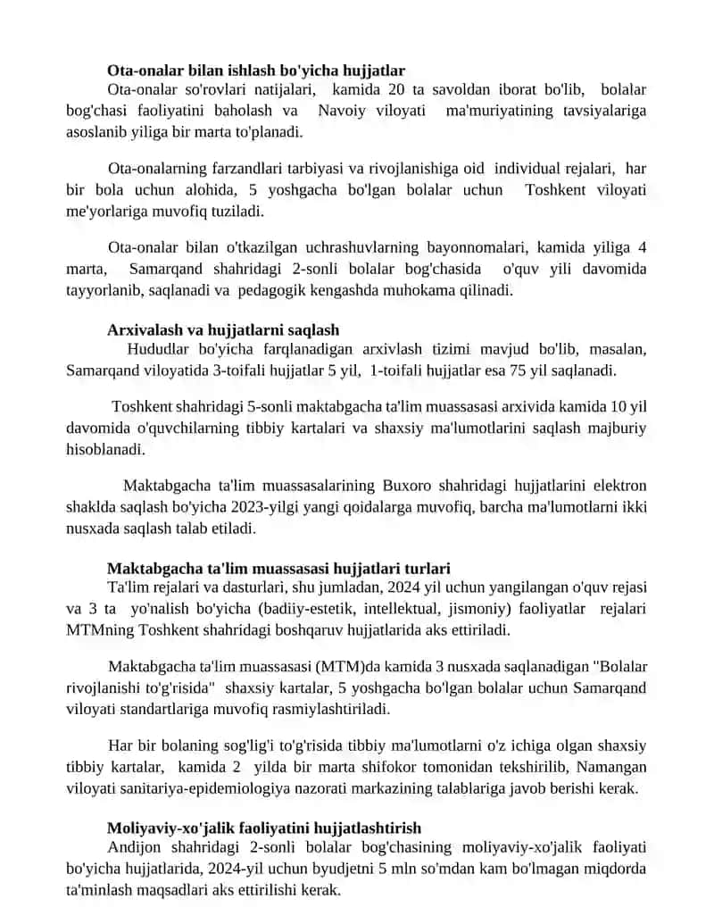 Maktabgacha taʼlim tashkilotining ish hujjatlari 2