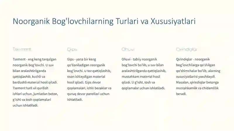 Qurilishda ishlatiladigan Noorganik Bog'lovchilar 2