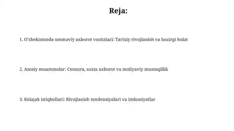 Oʻzbekiston respublikasida ommaviy axborot vositalarining faoliyati oʻzgarishi va momolari 2