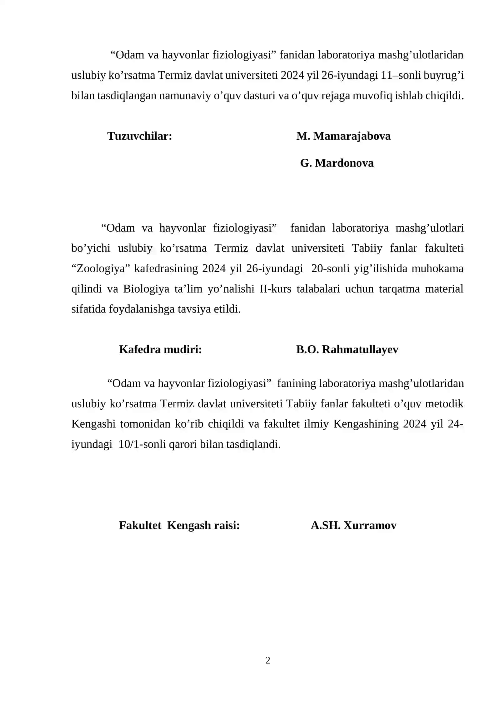 Odam va hayvonlar fiziologiyasi fanidan laboratoriya mashg'ulotlari 2
