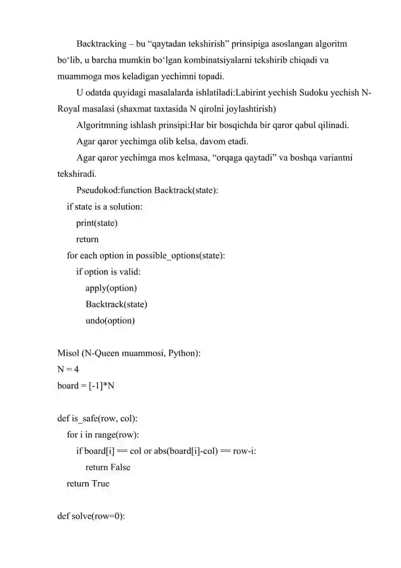 SUN'IY INTELLEKT UCHUN ASOSIY ALGORITMLARNI (BACKTRACKING, MINIMAX DASTURLASH 2