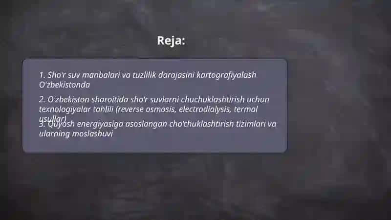 Òzbekiston sharoitida shòr suvlani chuchuklashtirish gòyasini yaratish 2