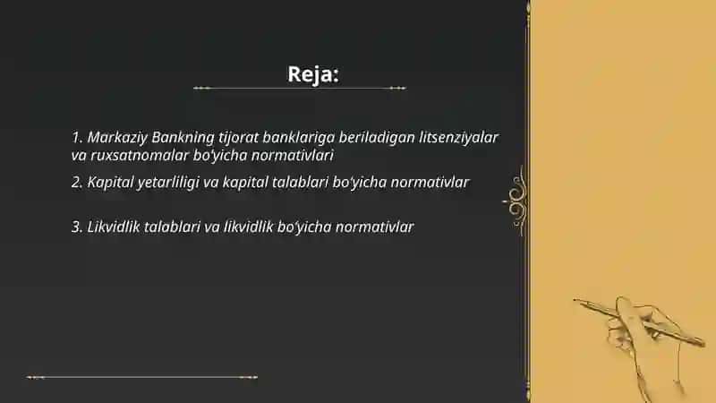 Markaziy Bank tomonidan tijorat banklari faoliyatini iqtisodit normativlar orqali tartibga solish va nazorat qilish 2