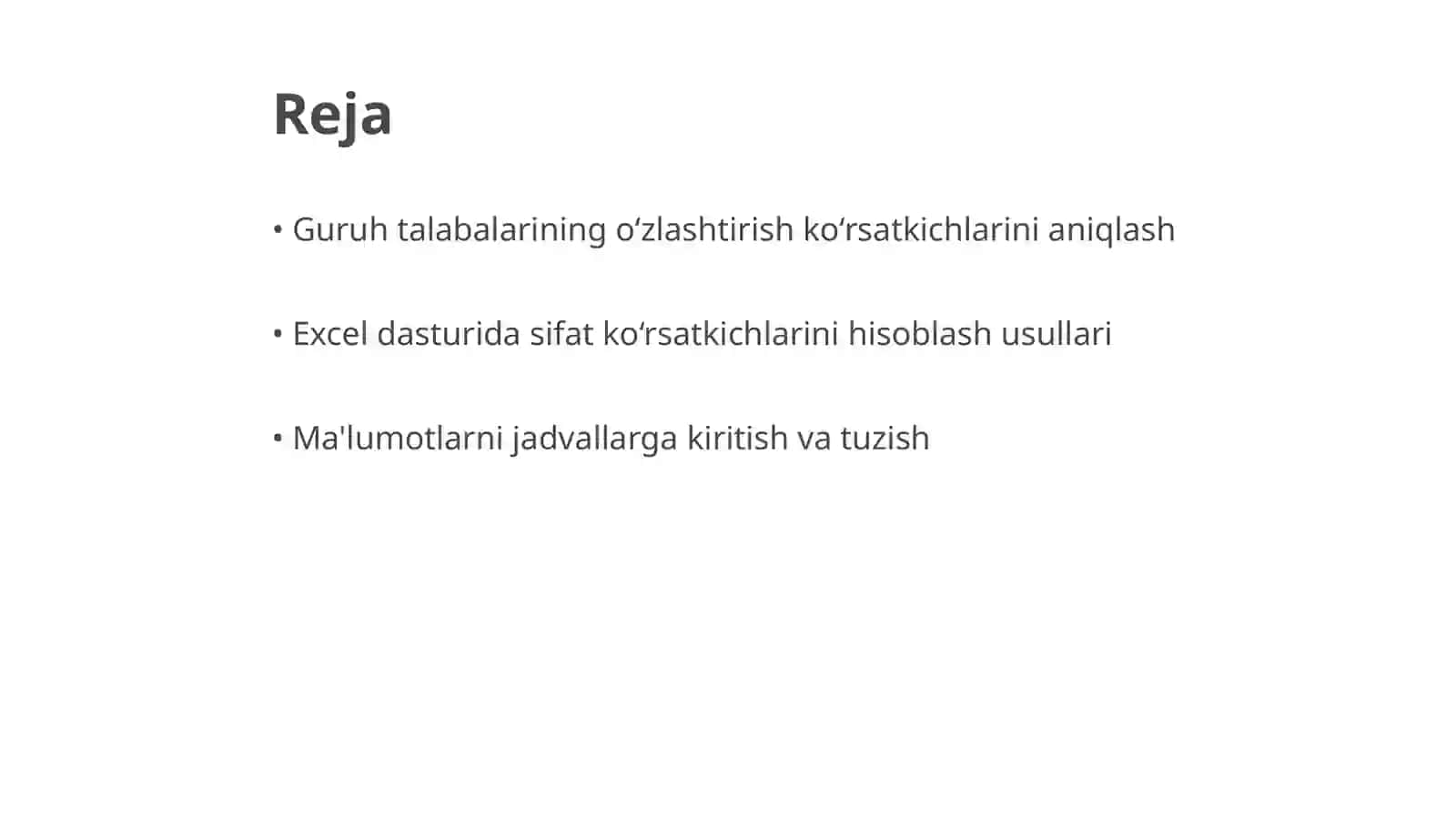 Excel dasturida guruh talabalarining modullar bo‘yicha o‘zlashtirish ko‘rsatkichi, sifat ko‘rsatkichlarini hisoblash va jadval tuzish, natijalar asosida digrammalar yaratish 2
